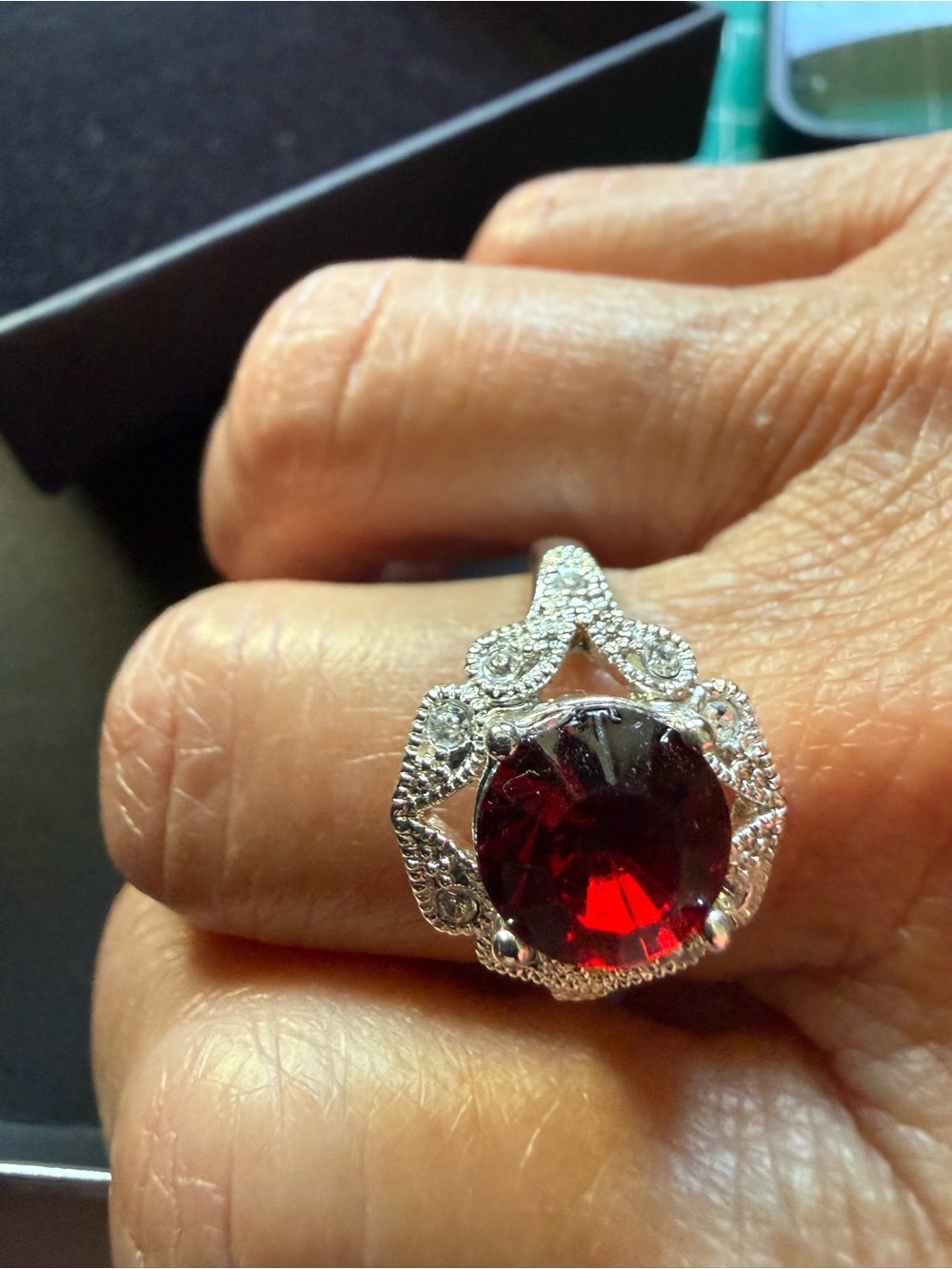 Avon NRT Silver Garnet Red CZ Halo Ring